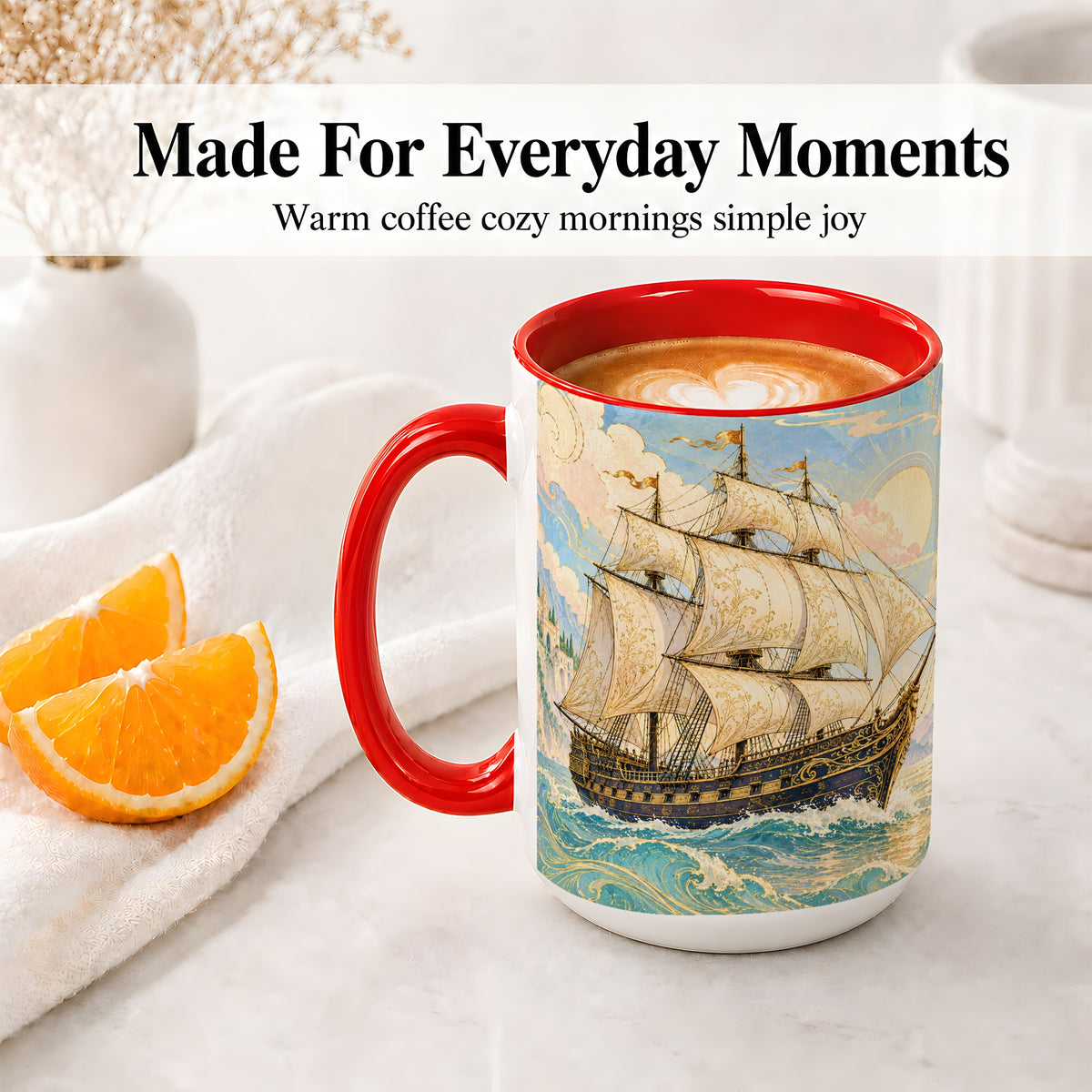#pl[15oz|Red] Vintage Sailing Ship Ceramic Mug, Sunlit Ocean Voyage Artwork