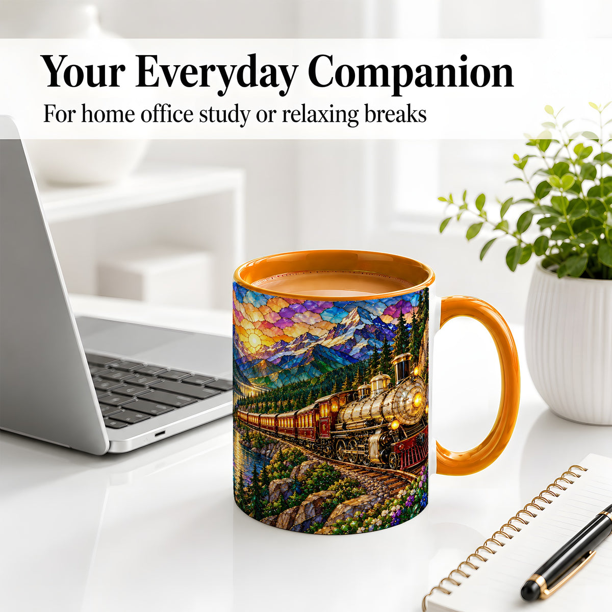 #pl[11oz|Orange] Mountain Train Ceramic Mug, Stained Glass Sunset Railway Artwork