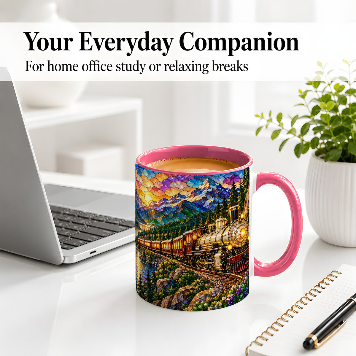 #pl[11oz|Pink] Mountain Train Ceramic Mug, Stained Glass Sunset Railway Artwork