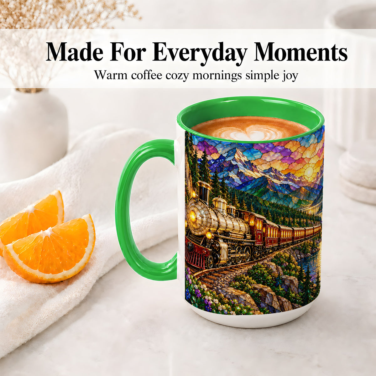 #pl[15oz|Green] Mountain Train Ceramic Mug, Stained Glass Sunset Railway Artwork
