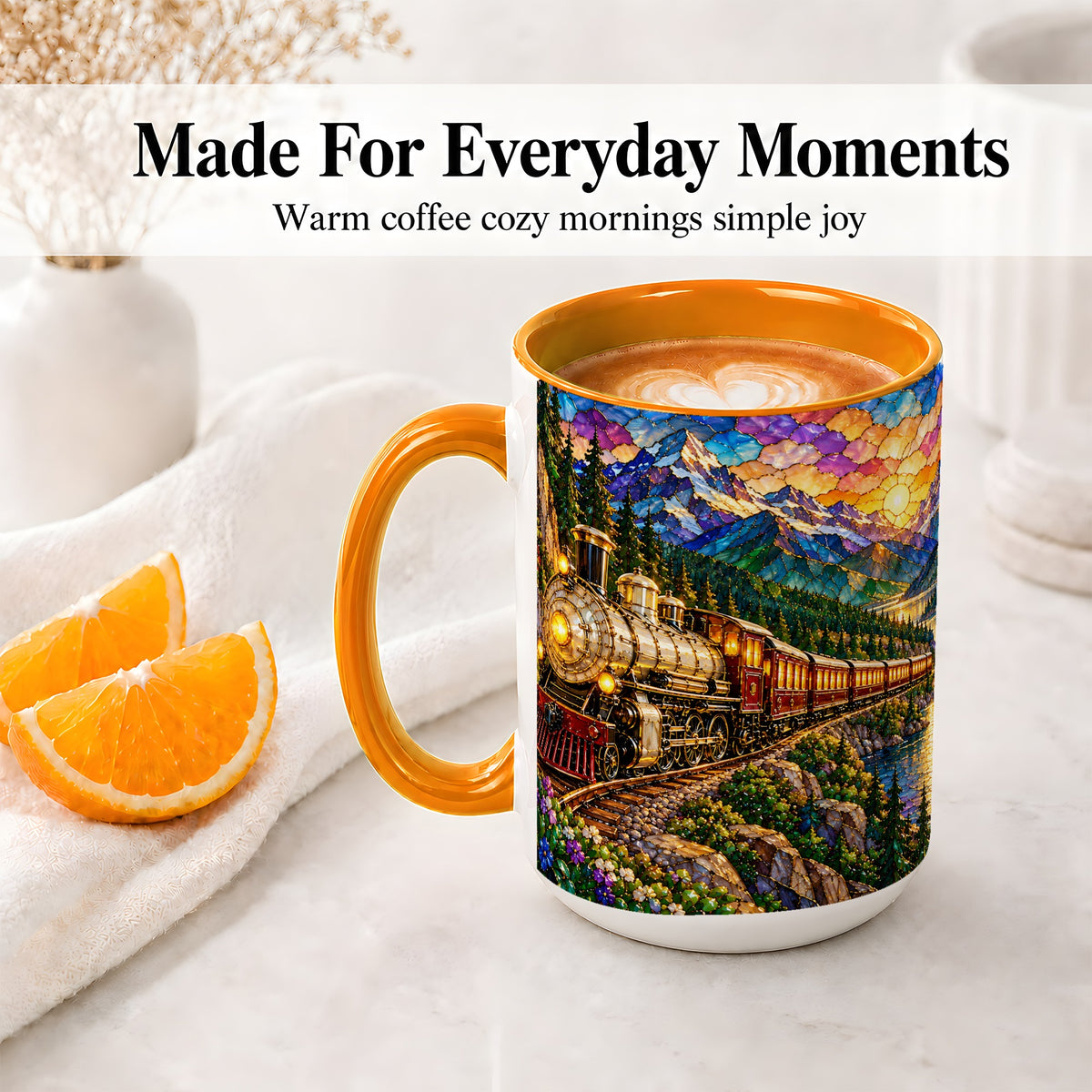 #pl[15oz|Orange] Mountain Train Ceramic Mug, Stained Glass Sunset Railway Artwork