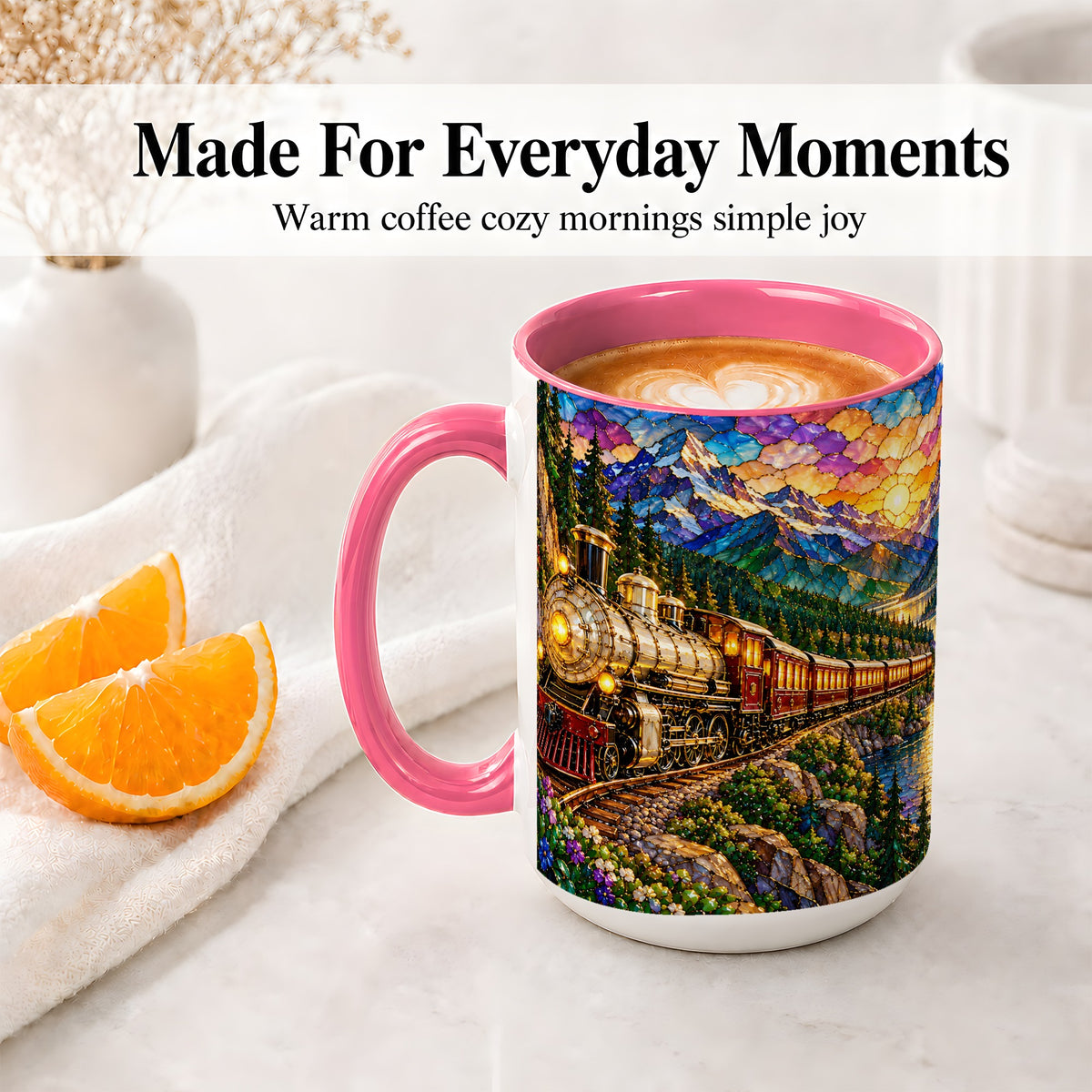 #pl[15oz|Pink] Mountain Train Ceramic Mug, Stained Glass Sunset Railway Artwork