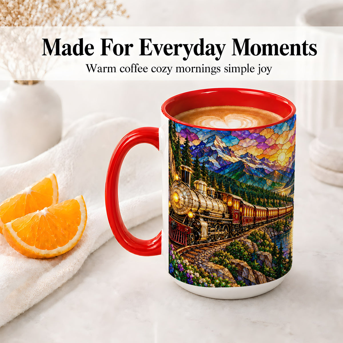 #pl[15oz|Red] Mountain Train Ceramic Mug, Stained Glass Sunset Railway Artwork