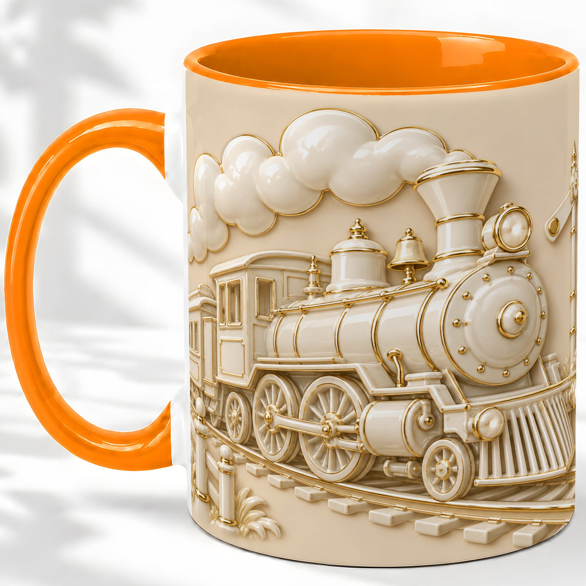 #pl[11oz|Orange] Vintage Steam Train Ceramic Mug, Ivory Gold Railway Scene Artwork
