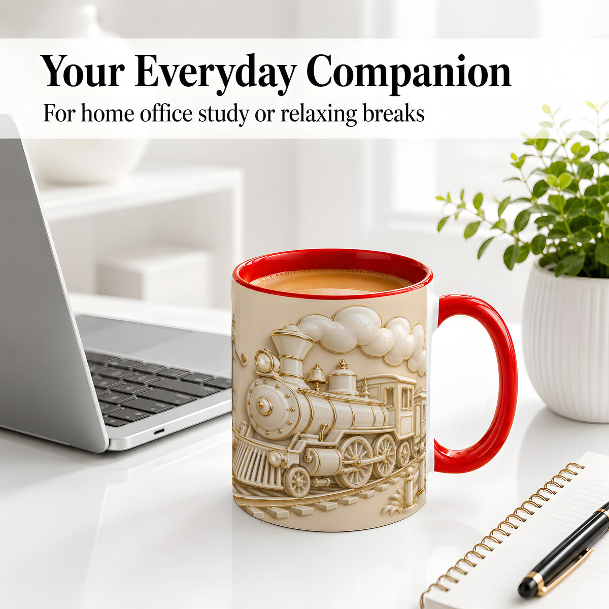 #pl[11oz|Red] Vintage Steam Train Ceramic Mug, Ivory Gold Railway Scene Artwork