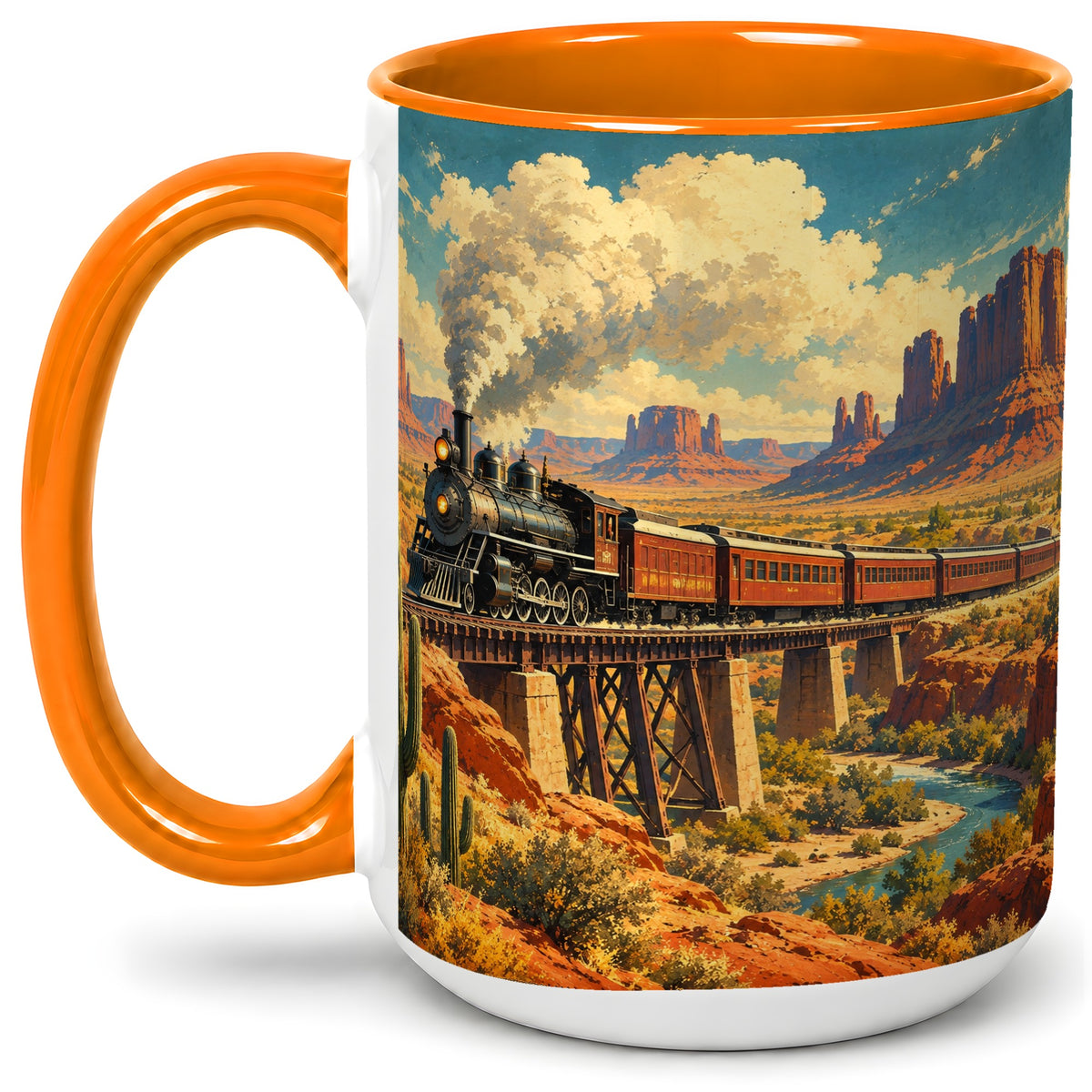 #pl[15oz|Orange] Desert Train Ceramic Mug, Canyon Railway Artwork for Train Fans