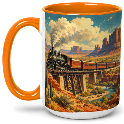 #pl[15oz|Orange] Desert Train Ceramic Mug, Canyon Railway Artwork for Train Fans