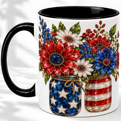 #pl[11oz|Black] Patriotic Floral Ceramic Mug, Red White Blue Mason Jar Artwork