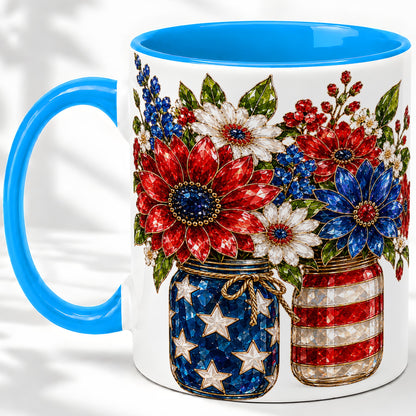 #pl[11oz|Blue] Patriotic Floral Ceramic Mug, Red White Blue Mason Jar Artwork