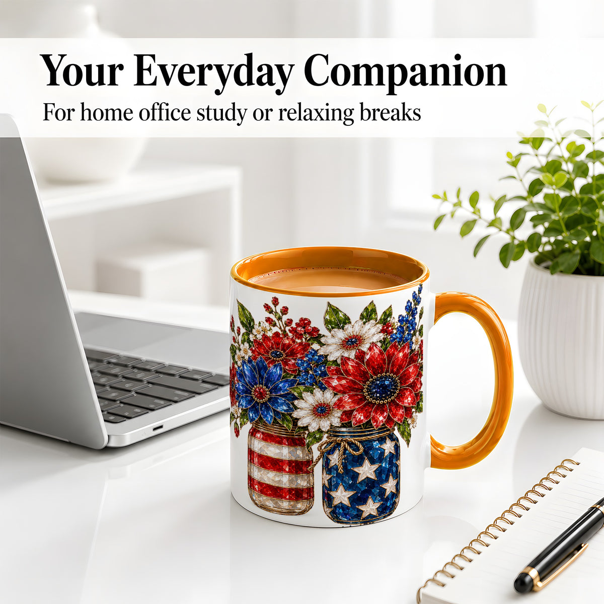 #pl[11oz|Orange] Patriotic Floral Ceramic Mug, Red White Blue Mason Jar Artwork