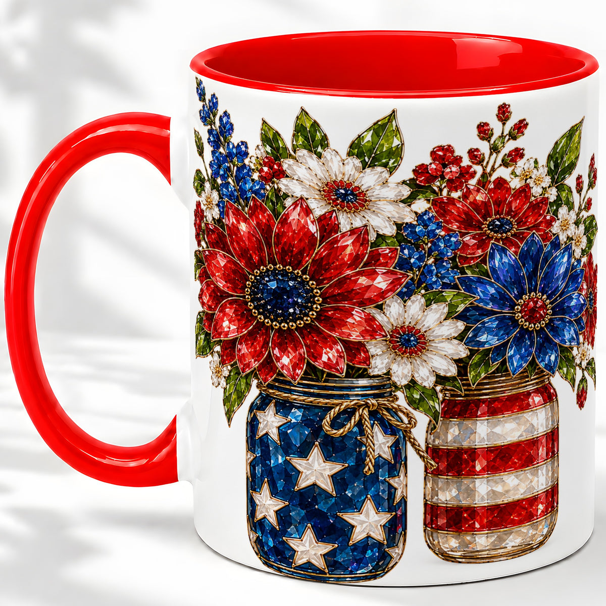 Patriotic Floral Ceramic Mug, Red White Blue Mason Jar Artwork