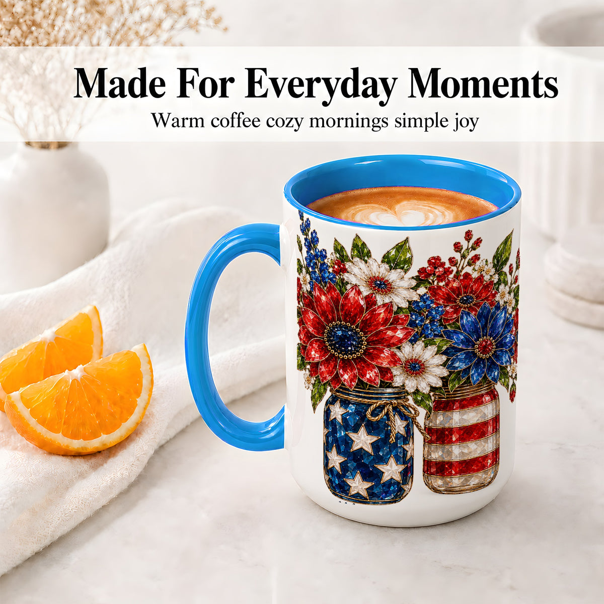 #pl[15oz|Blue] Patriotic Floral Ceramic Mug, Red White Blue Mason Jar Artwork