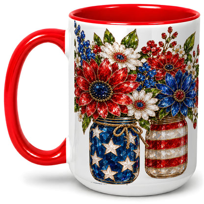 #pl[15oz|Red] Patriotic Floral Ceramic Mug, Red White Blue Mason Jar Artwork