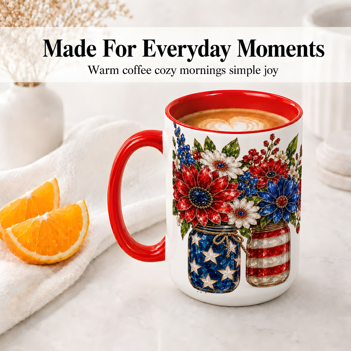 #pl[15oz|Red] Patriotic Floral Ceramic Mug, Red White Blue Mason Jar Artwork