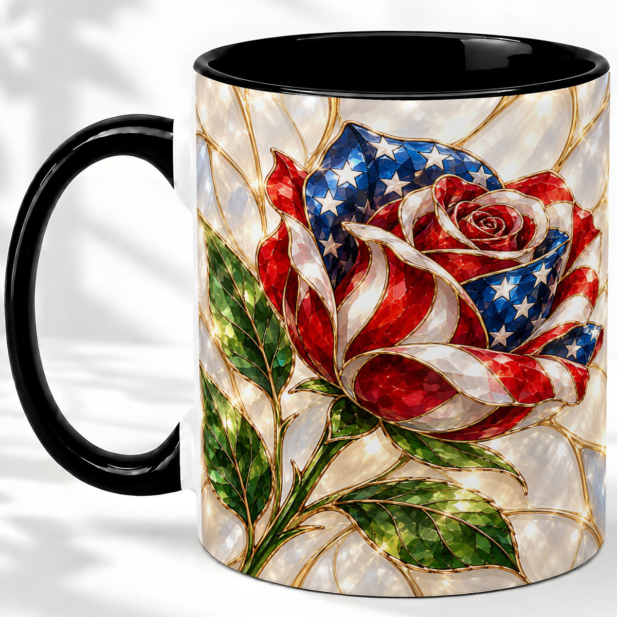 #pl[11oz|Black] Patriotic Rose Ceramic Mug, Red White Blue Floral Art for Home