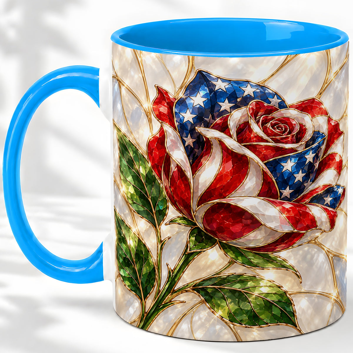 #pl[11oz|Blue] Patriotic Rose Ceramic Mug, Red White Blue Floral Art for Home