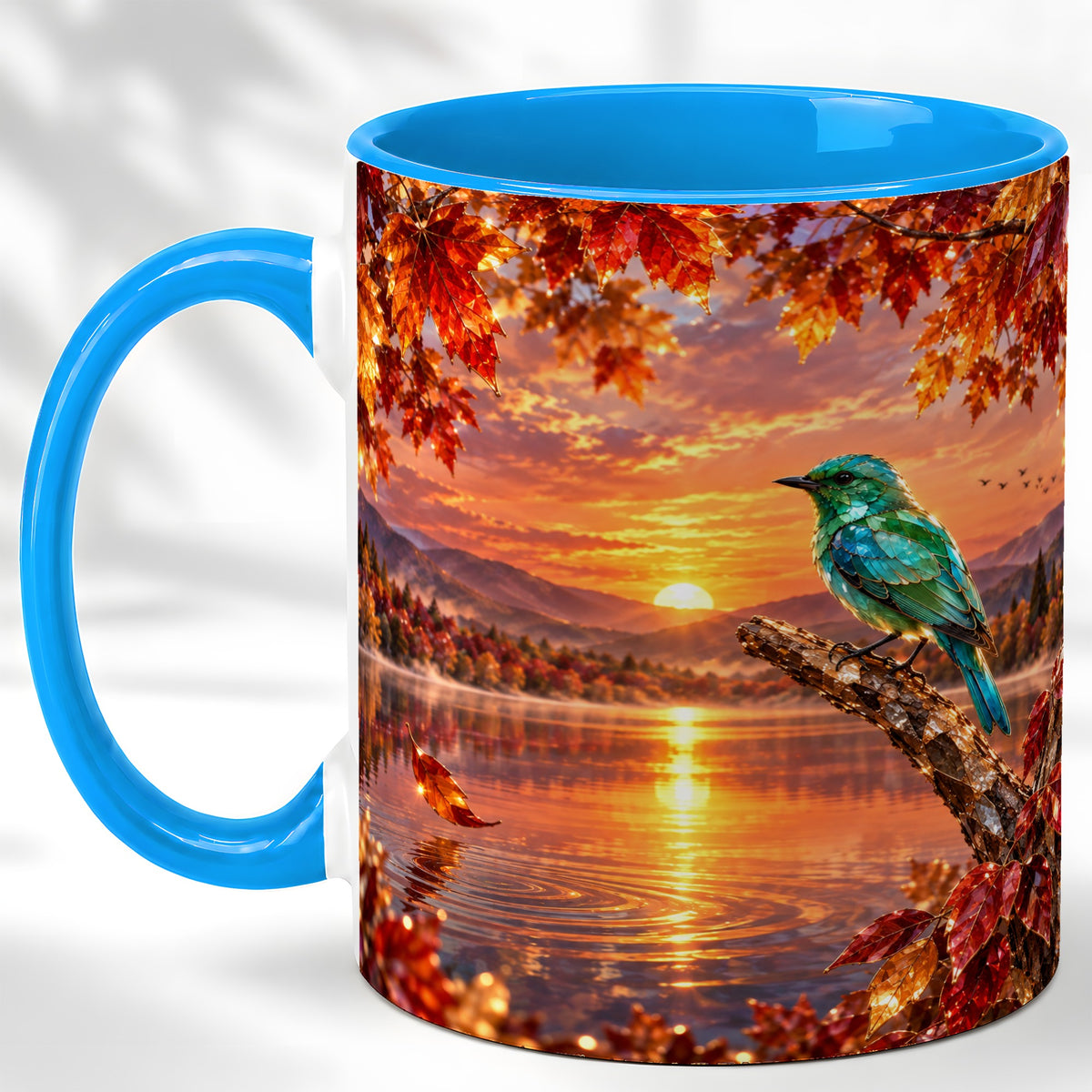 #pl[11oz|Blue] Crystal Bird Coffee Mug, Autumn Maple Mug, Ceramic Cup