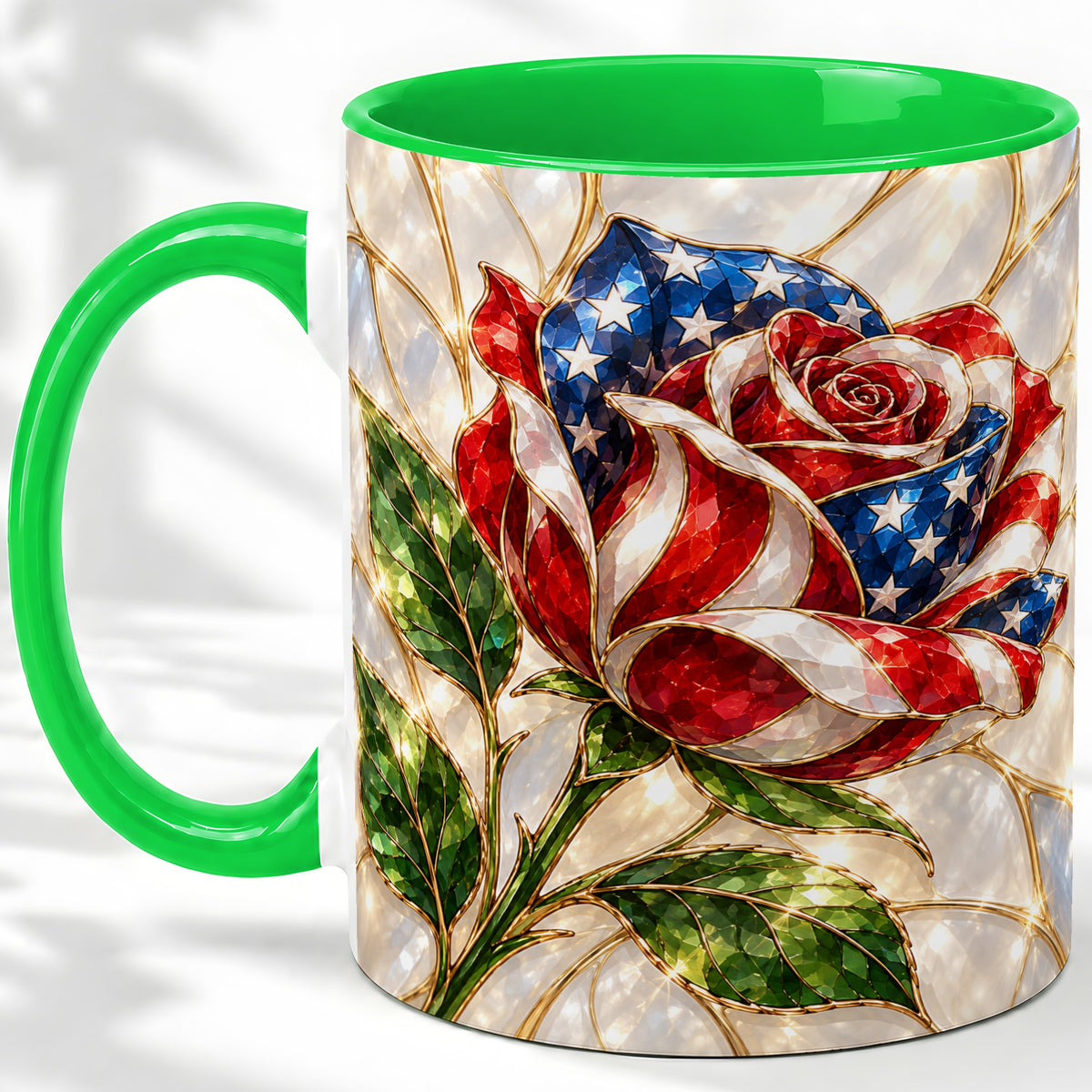 #pl[11oz|Green] Patriotic Rose Ceramic Mug, Red White Blue Floral Art for Home