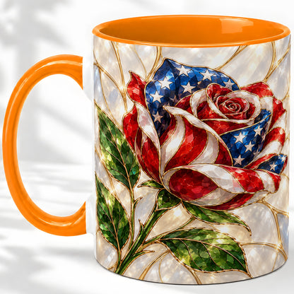 #pl[11oz|Orange] Patriotic Rose Ceramic Mug, Red White Blue Floral Art for Home
