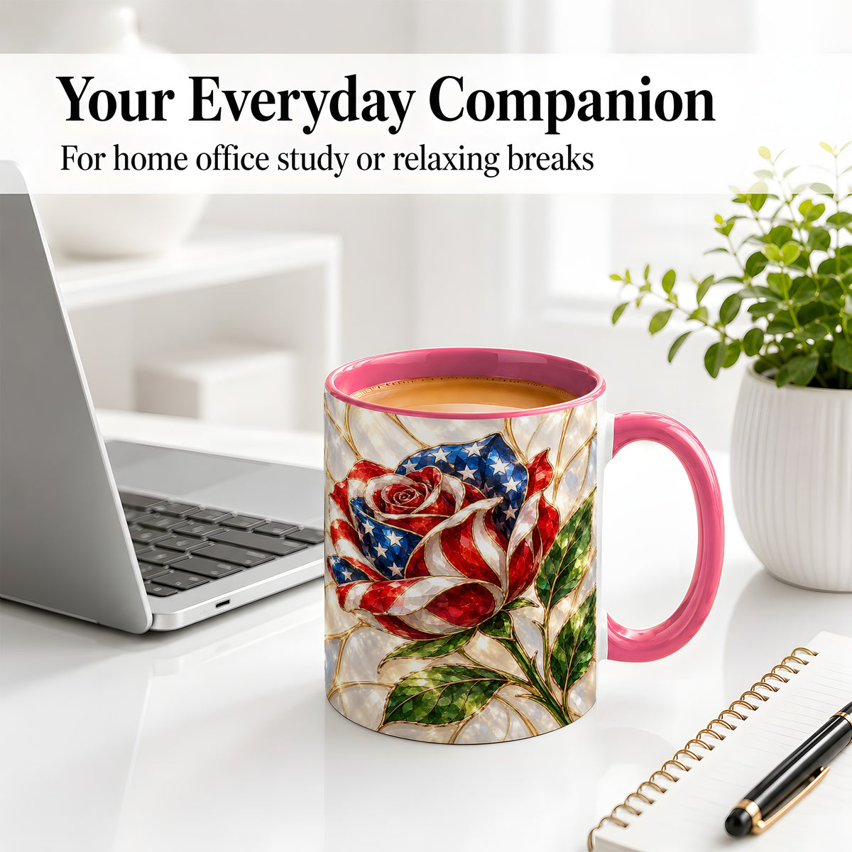 #pl[11oz|Pink] Patriotic Rose Ceramic Mug, Red White Blue Floral Art for Home