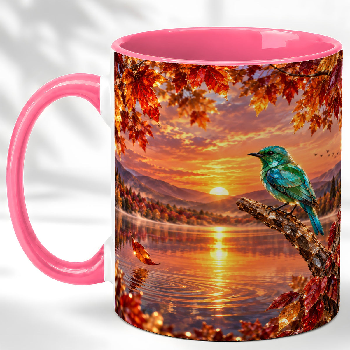 #pl[11oz|Pink] Crystal Bird Coffee Mug, Autumn Maple Mug, Ceramic Cup