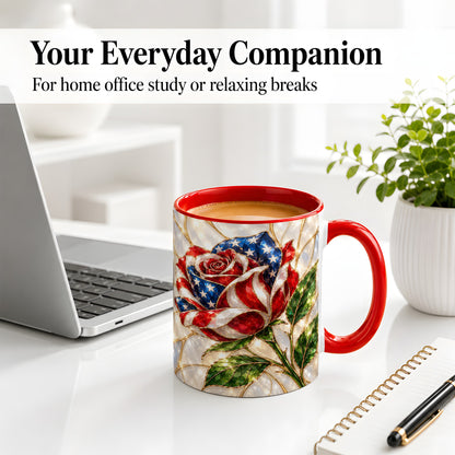 #pl[11oz|Red] Patriotic Rose Ceramic Mug, Red White Blue Floral Art for Home
