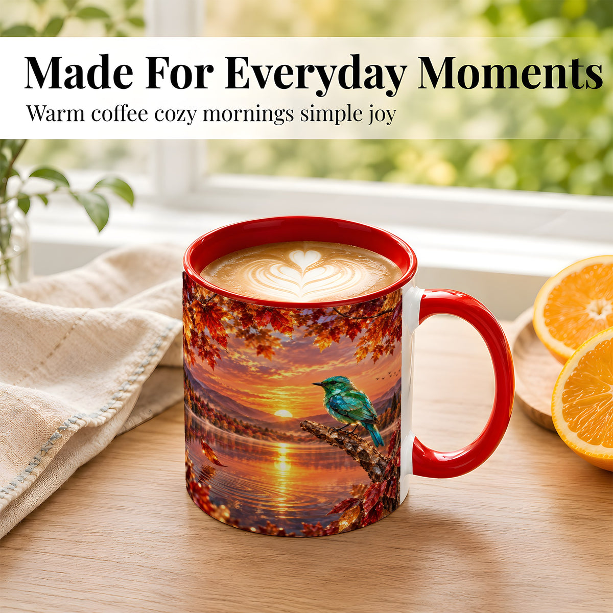 #pl[11oz|Red] Crystal Bird Coffee Mug, Autumn Maple Mug, Ceramic Cup