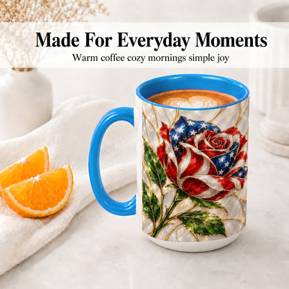 #pl[15oz|Blue] Patriotic Rose Ceramic Mug, Red White Blue Floral Art for Home