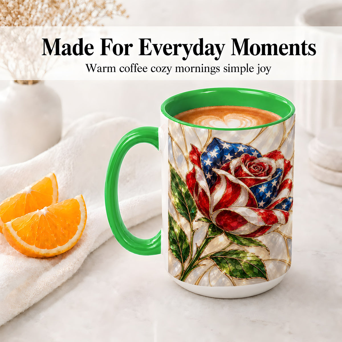 #pl[15oz|Green] Patriotic Rose Ceramic Mug, Red White Blue Floral Art for Home