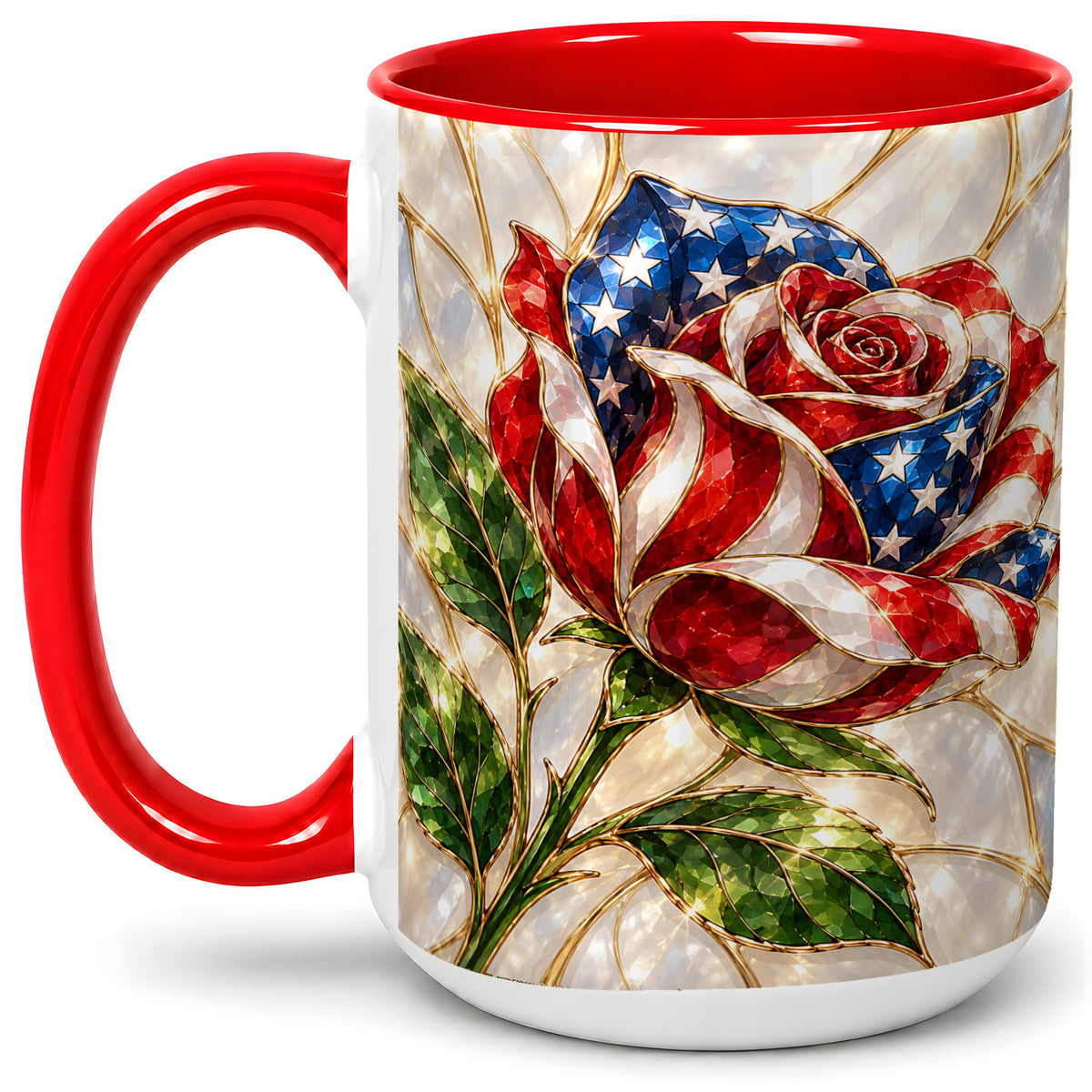 #pl[15oz|Red] Patriotic Rose Ceramic Mug, Red White Blue Floral Art for Home