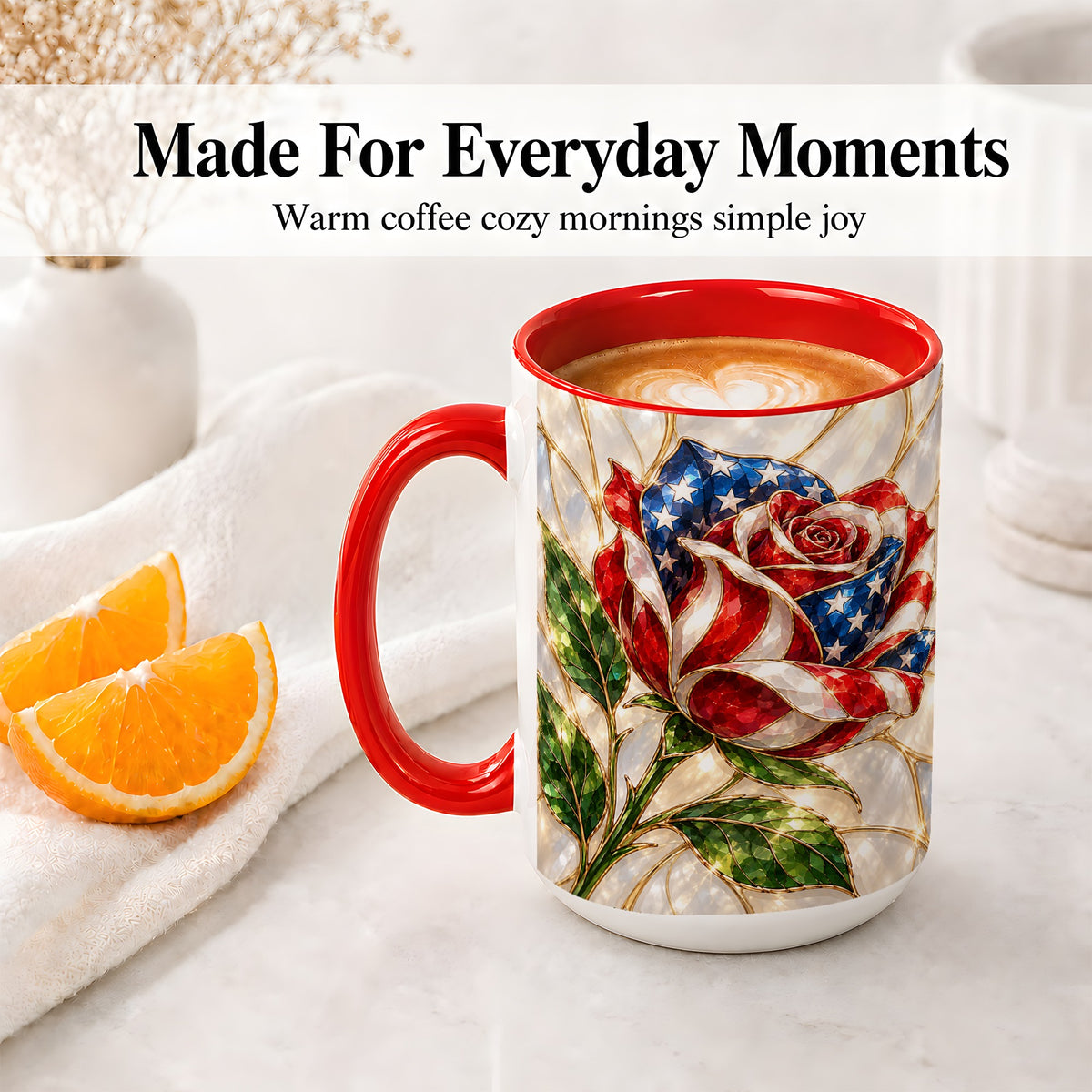#pl[15oz|Red] Patriotic Rose Ceramic Mug, Red White Blue Floral Art for Home