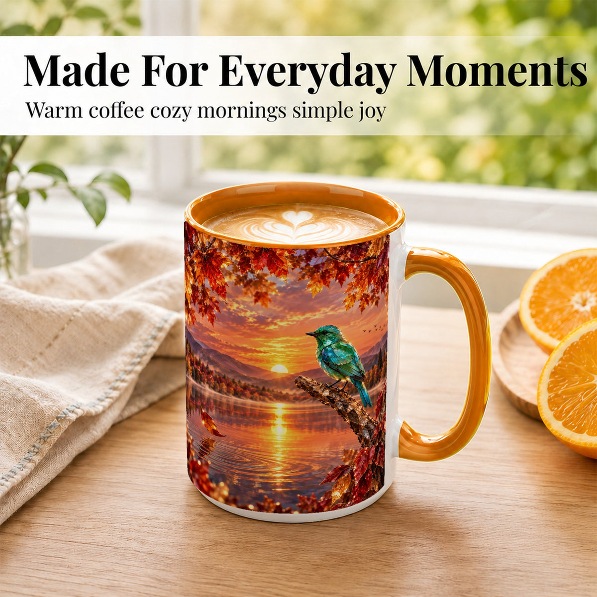 #pl[15oz|Orange] Crystal Bird Coffee Mug, Autumn Maple Mug, Ceramic Cup