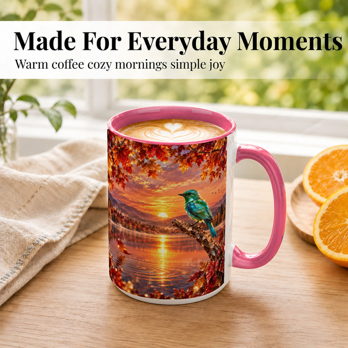#pl[15oz|Pink] Crystal Bird Coffee Mug, Autumn Maple Mug, Ceramic Cup