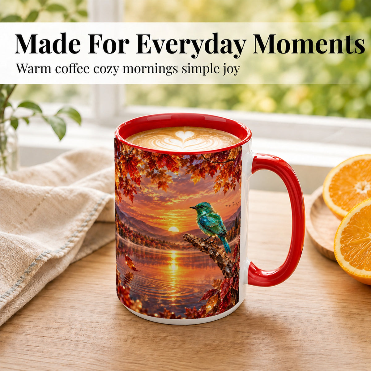 #pl[15oz|Red] Crystal Bird Coffee Mug, Autumn Maple Mug, Ceramic Cup