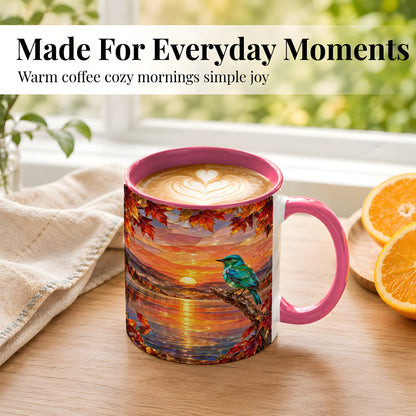 #pl[11oz|Pink] Stained Glass Bird Coffee Mug, Autumn Lake Mug, Ceramic Cup