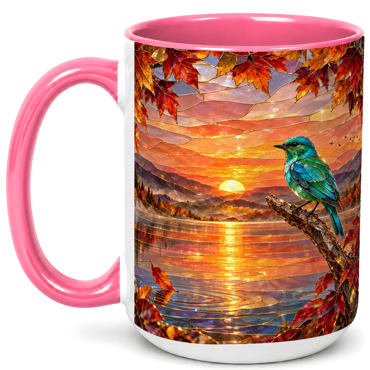 #pl[15oz|Pink] Stained Glass Bird Coffee Mug, Autumn Lake Mug, Ceramic Cup