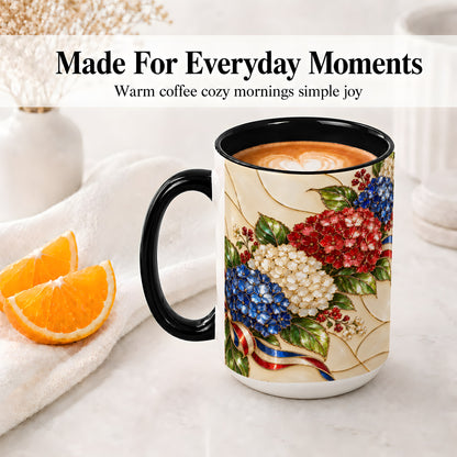 #pl[15oz|Black] Patriotic Hydrangea Ceramic Mug, Red White Blue Floral Artwork