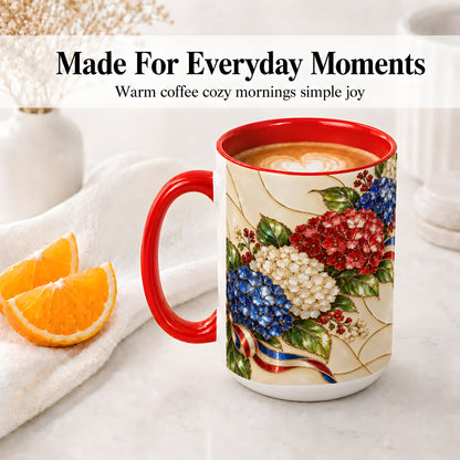 #pl[15oz|Red] Patriotic Hydrangea Ceramic Mug, Red White Blue Floral Artwork