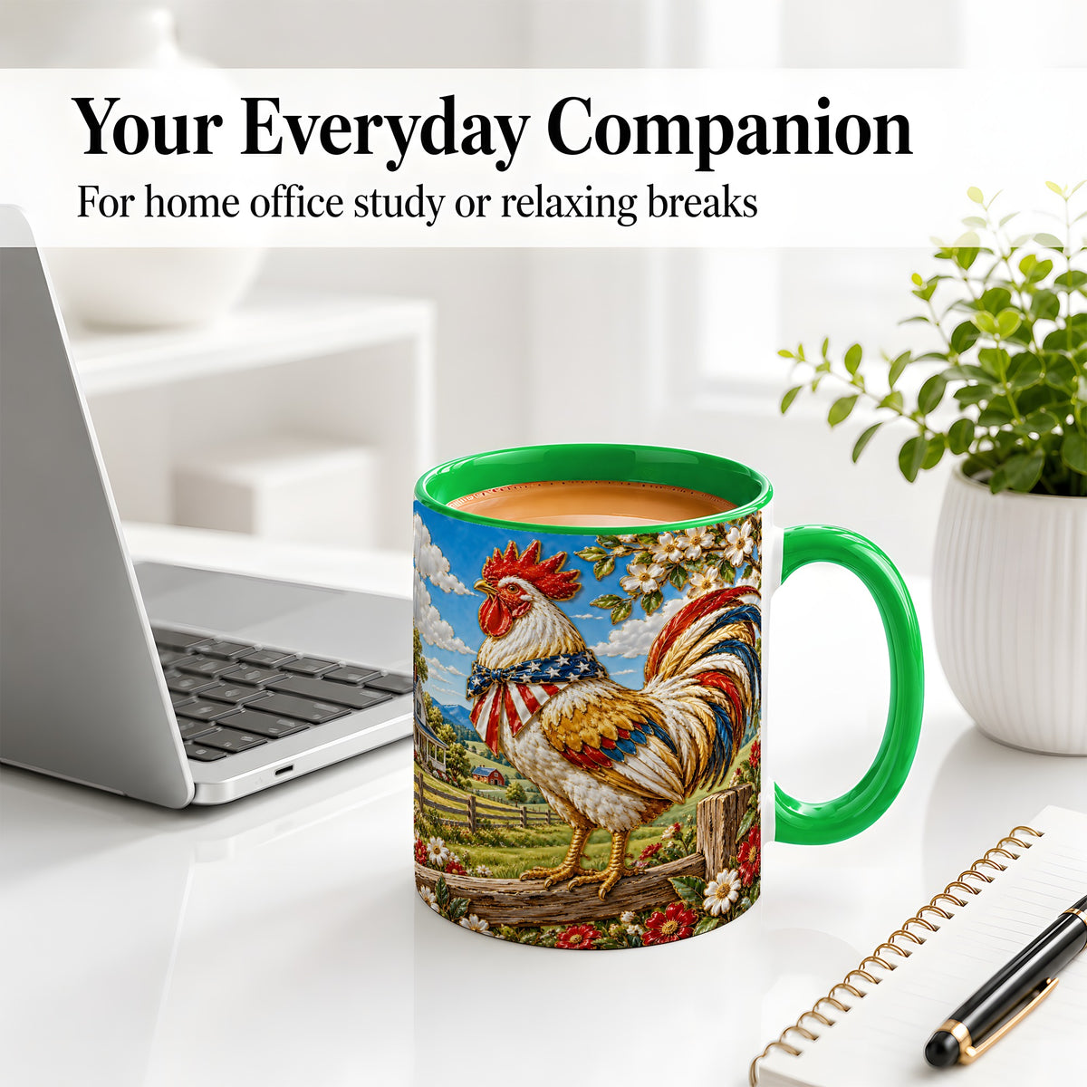 #pl[11oz|Green] Patriotic Rooster Ceramic Mug, Farmhouse Red White Blue Artwork