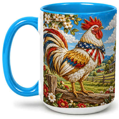 #pl[15oz|Blue] Patriotic Rooster Ceramic Mug, Farmhouse Red White Blue Artwork