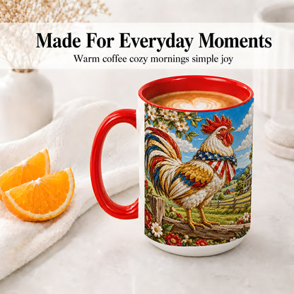 #pl[15oz|Red] Patriotic Rooster Ceramic Mug, Farmhouse Red White Blue Artwork