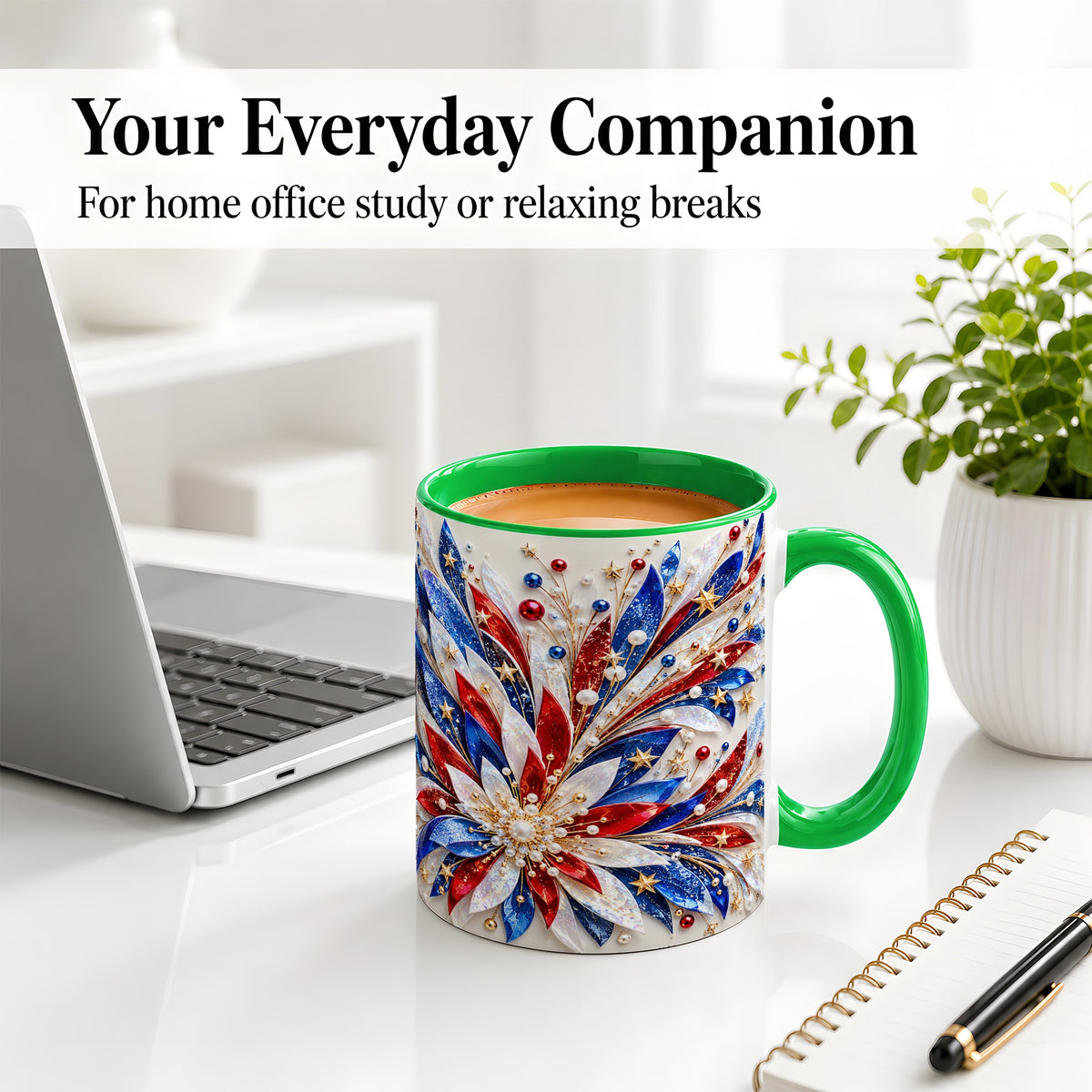#pl[11oz|Green] Red White Blue Floral Ceramic Mug with Radiant Star Art for Daily Use