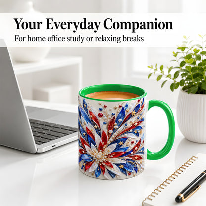 #pl[11oz|Green] Red White Blue Floral Ceramic Mug with Radiant Star Art for Daily Use