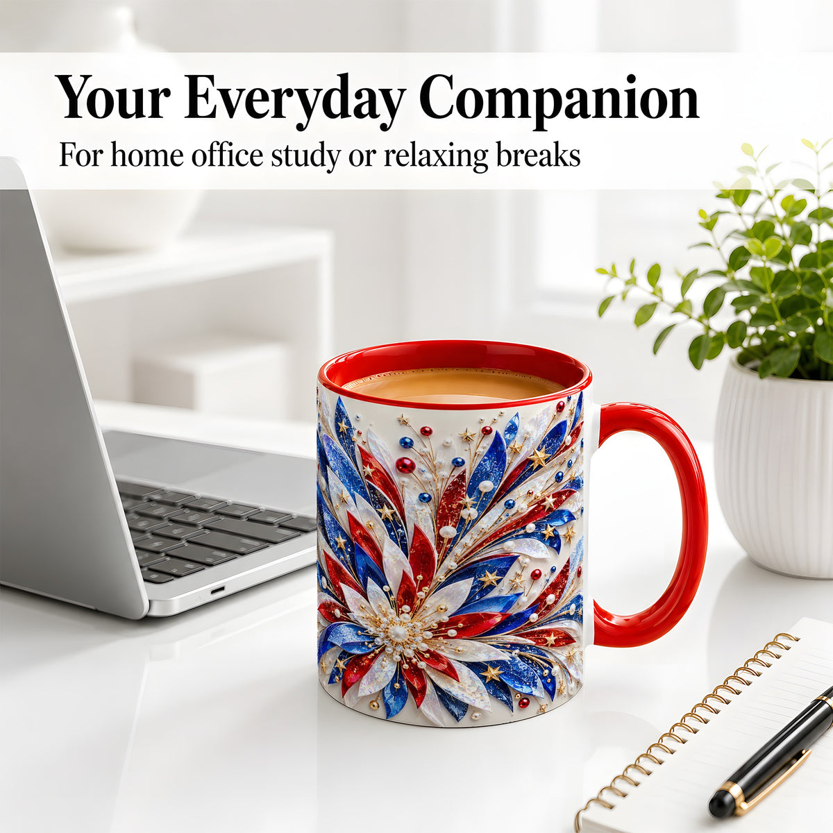 #pl[11oz|Red] Red White Blue Floral Ceramic Mug with Radiant Star Art for Daily Use