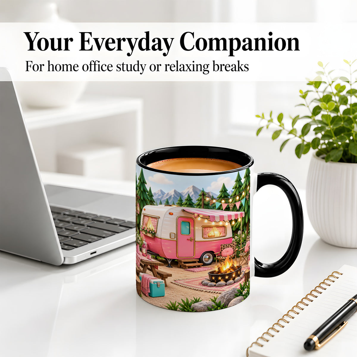#pl[11oz|Black] Retro Camper Ceramic Mug with Pink Campsite Art for Camping Fans