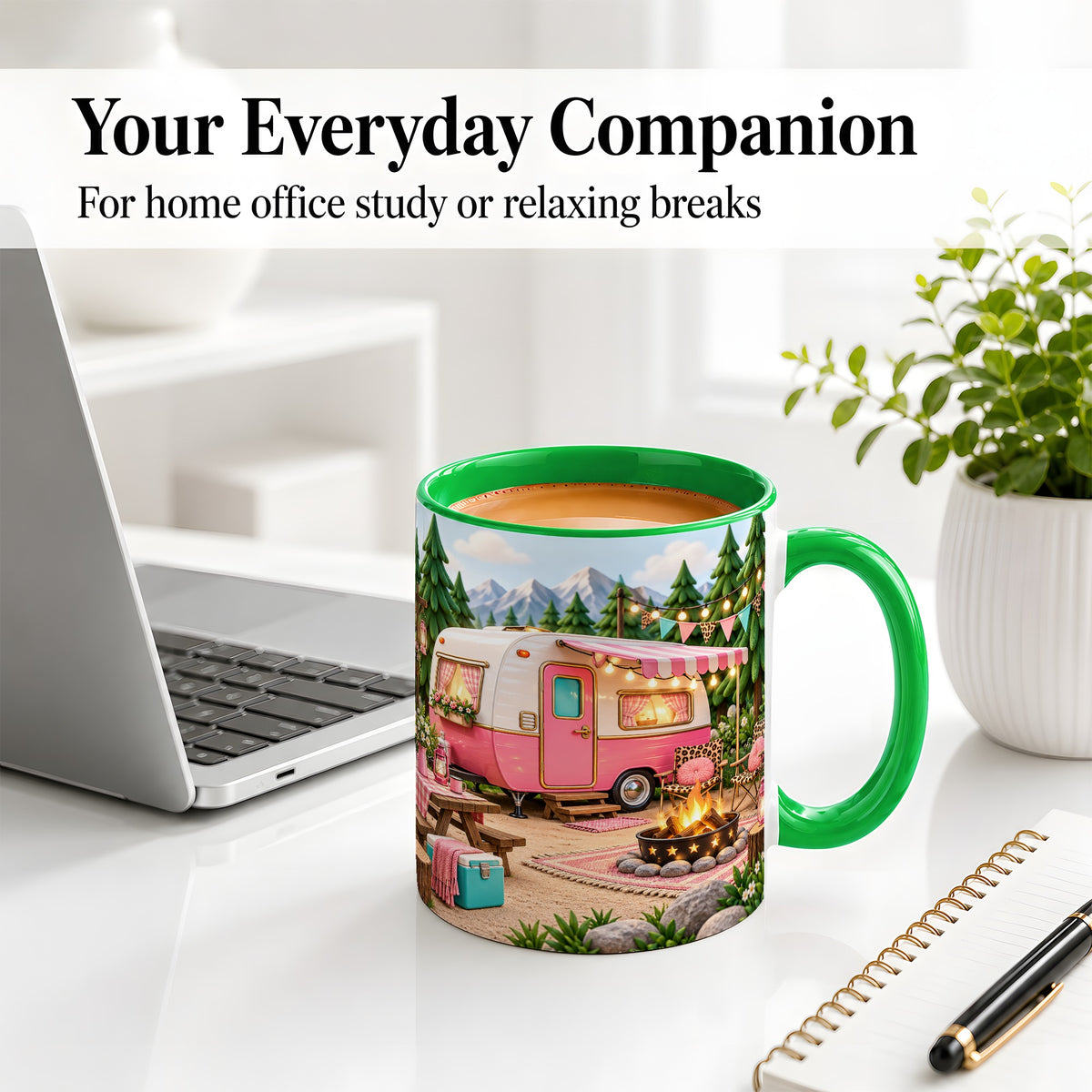 #pl[11oz|Green] Retro Camper Ceramic Mug with Pink Campsite Art for Camping Fans