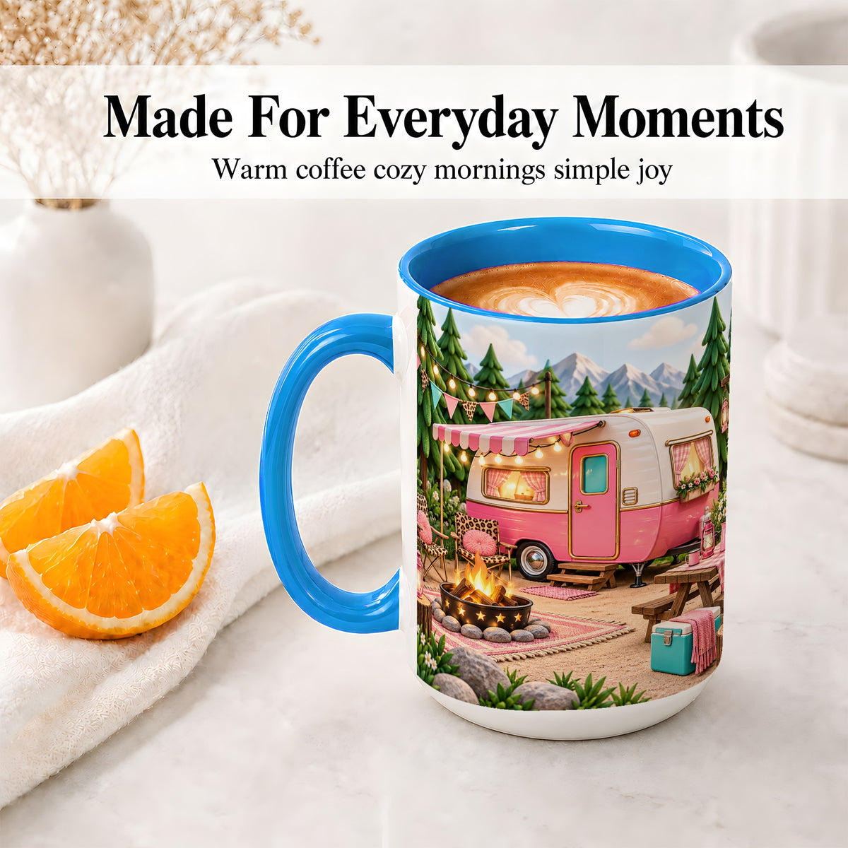 #pl[15oz|Blue] Retro Camper Ceramic Mug with Pink Campsite Art for Camping Fans