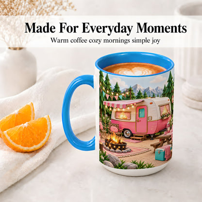 #pl[15oz|Blue] Retro Camper Ceramic Mug with Pink Campsite Art for Camping Fans