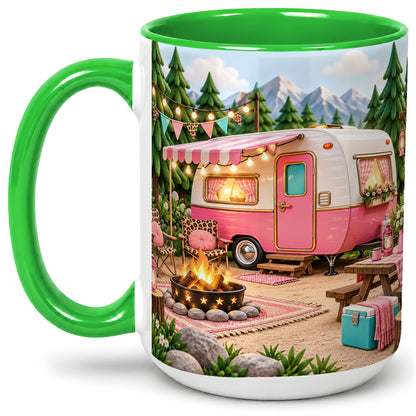 #pl[15oz|Green] Retro Camper Ceramic Mug with Pink Campsite Art for Camping Fans