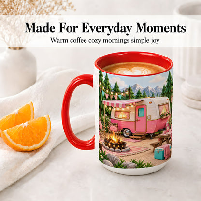 #pl[15oz|Red] Retro Camper Ceramic Mug with Pink Campsite Art for Camping Fans